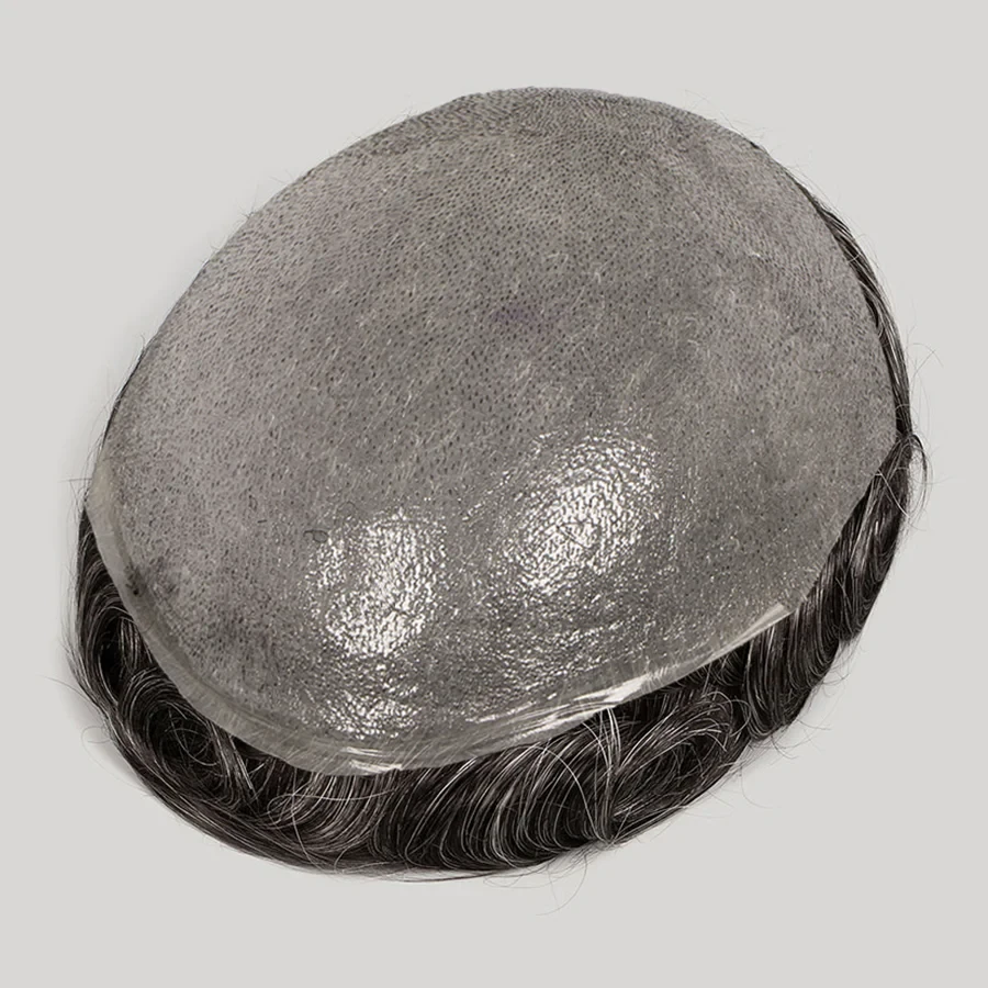 100% Human Hair Natural Color With 30% Grey Hair V-loop Thin Skin Toupee