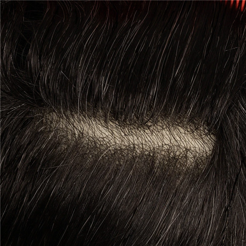 100% Human Hair Natural Color With 15% Grey Hair V-loop Thin Skin Toupee