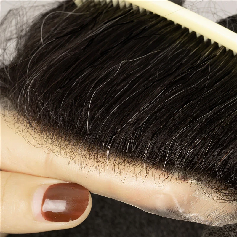 100% Human Hair Natural Color With 15% Grey Hair V-loop Thin Skin Toupee