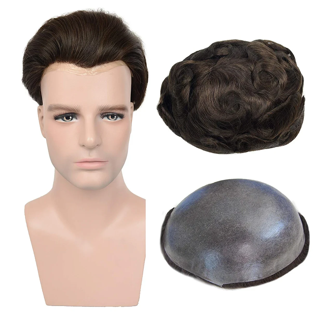 100% Human Hair #3 Brown Color Single Knot Thin Skin Hair Replacement