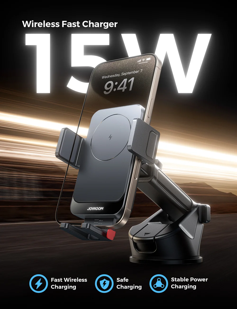 JOYROOM JR-ZS241S Car Wireless Charger Dashboard Mount 15W Fast Charging Phone Holder - Black-Cellmalls