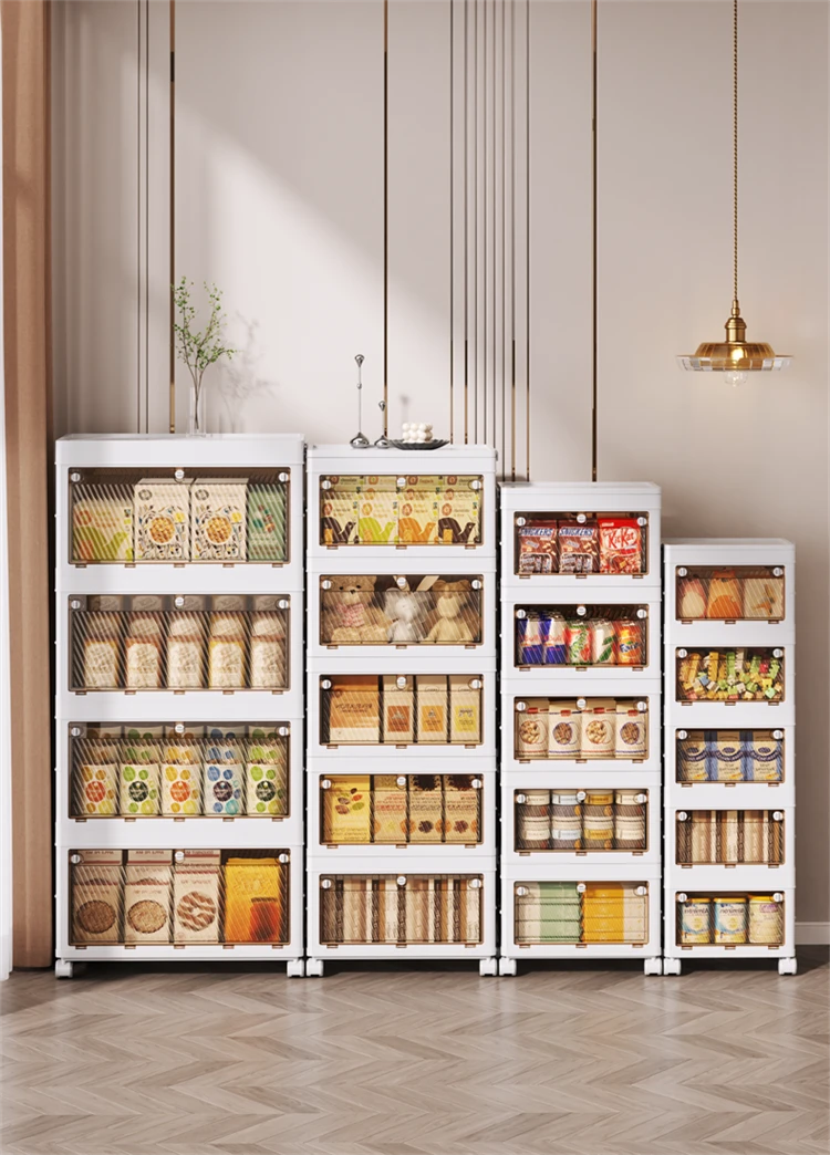 UREY Foldable storage cabinet with transparent double door organizer, transparent front and back, pull installation, rolling storage box for wardrobe/living room