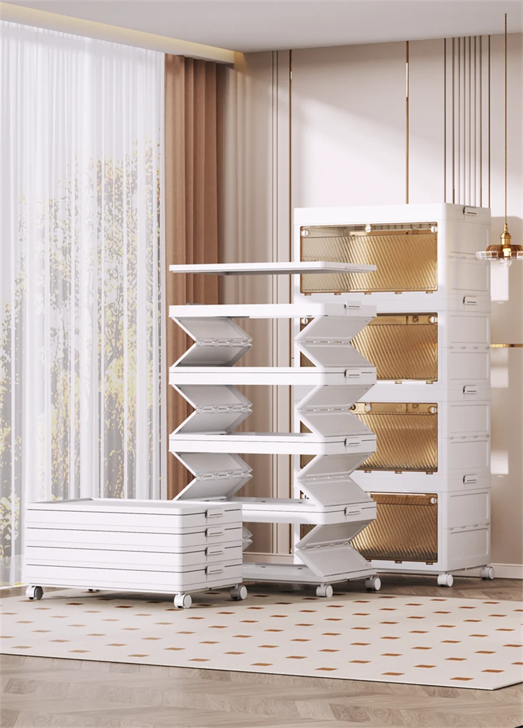 UREY Foldable storage cabinet with transparent double door organizer, transparent front and back, pull installation, rolling storage box for wardrobe/living room