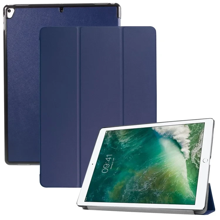 For iPad Pro 12.9 (2017) PU Leather Ultra Thin Tri-fold Stand Auto Sleep/Wake Tablet Cover - Dark Blue-Cellmalls