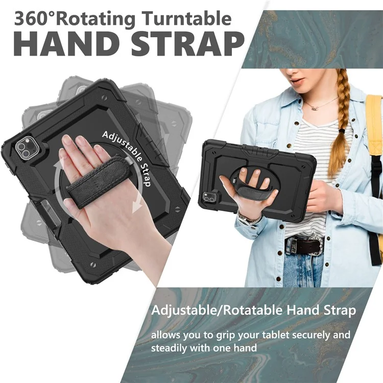 Rugged Heavy Duty PC + Silicone Shockproof 360° Rotating Kickstand Cover with Handle Hand Grip and Shoulder Strap for iPad Pro 11-inch (2021) / (2022) - Black-Cellmalls