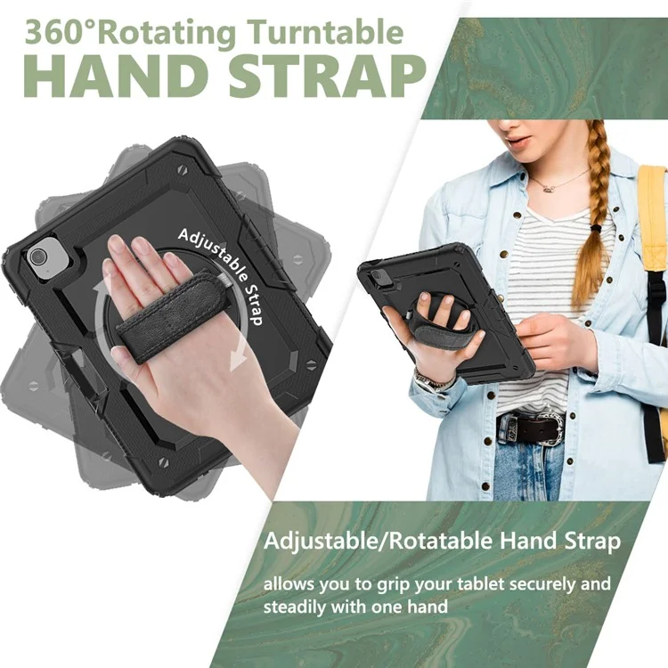 For Apple iPad Air (2020) / Air (2022) / Pro 11-inch  (2020) (2021) (2022) PC + Silicone 360° Swivel Kickstand Tablet Case with Handy Strap and Shoulder Strap - Black / Black-Cellmalls