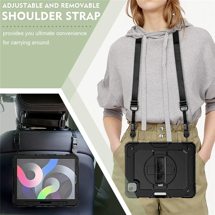 For Apple iPad Air (2020) / Air (2022) / Pro 11-inch  (2020) (2021) (2022) PC + Silicone 360° Swivel Kickstand Tablet Case with Handy Strap and Shoulder Strap - Black / Black-Cellmalls