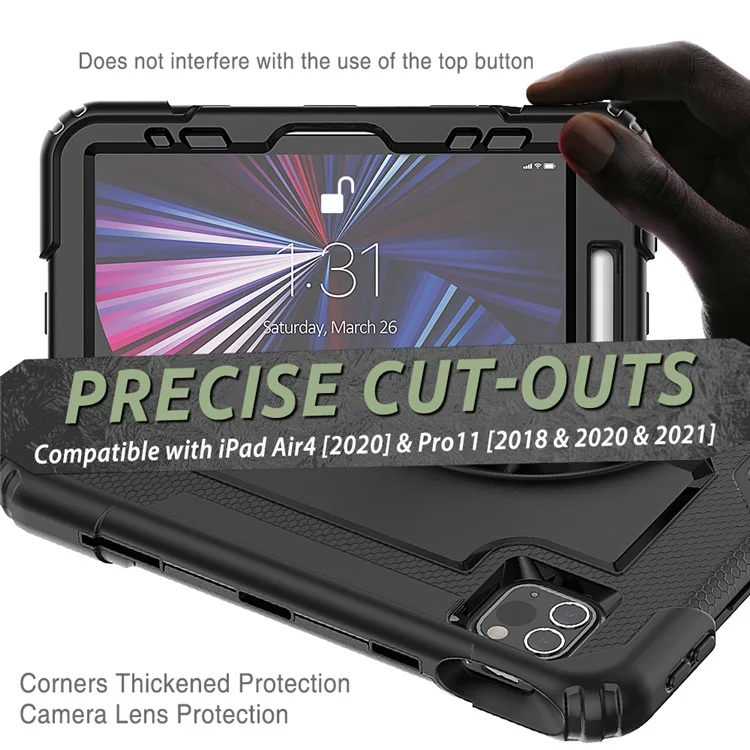 Rugged Heavy Duty PC + Silicone Shockproof 360° Rotating Kickstand Cover with Handle Hand Grip and Shoulder Strap for iPad Pro 11-inch (2021) / (2022) - Black-Cellmalls