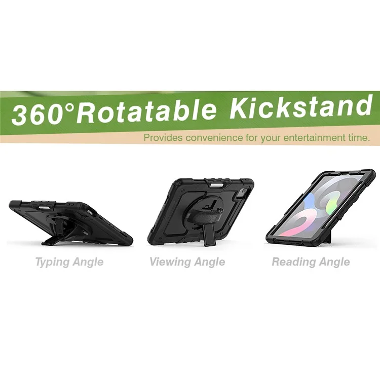 For Apple iPad Air (2020) / Air (2022) / Pro 11-inch  (2020) (2021) (2022) PC + Silicone 360° Swivel Kickstand Tablet Case with Handy Strap and Shoulder Strap - Black / Black-Cellmalls
