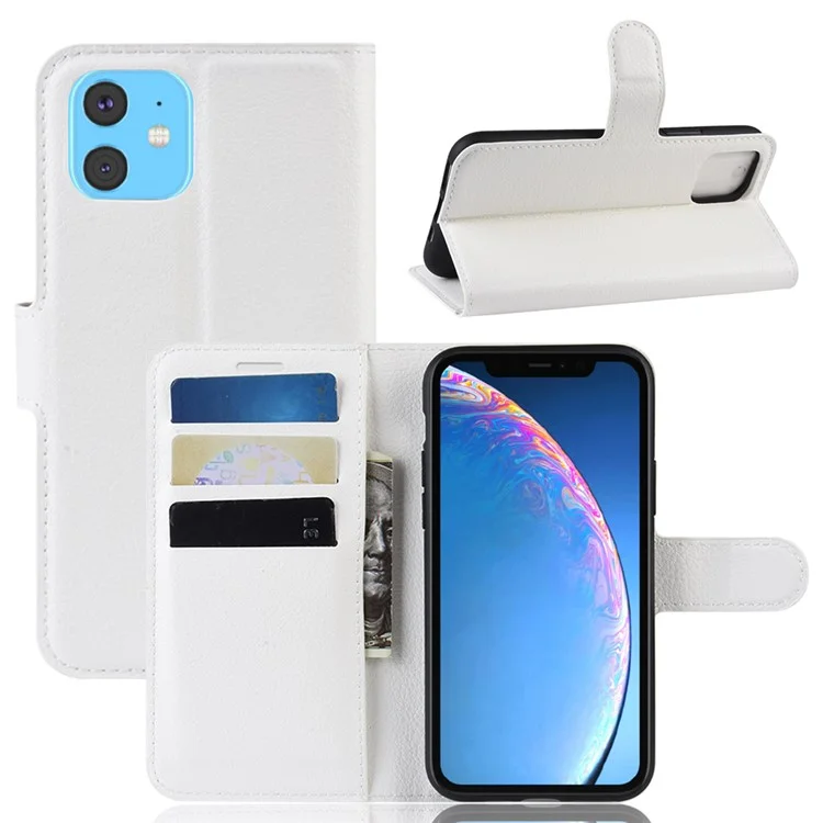 Litchi Skin Leather Wallet Stand Case for iPhone 11 6.1 inch (2019) with Soft TPU Inner Case - White-Cellmalls