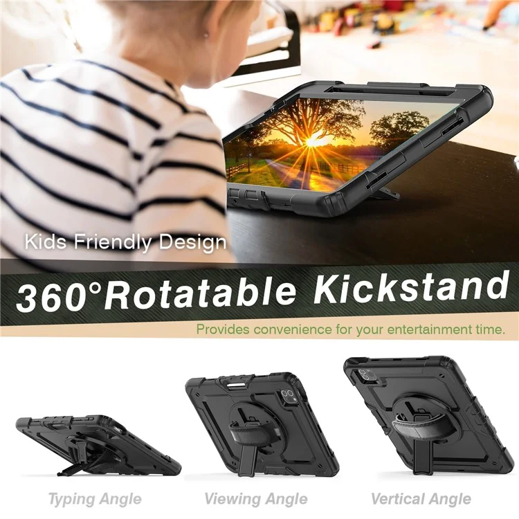 Rugged Heavy Duty PC + Silicone Shockproof 360° Rotating Kickstand Cover with Handle Hand Grip and Shoulder Strap for iPad Pro 11-inch (2021) / (2022) - Black-Cellmalls