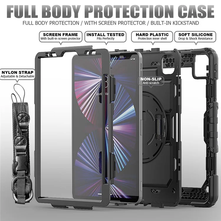 Rugged Heavy Duty PC + Silicone Shockproof 360° Rotating Kickstand Cover with Handle Hand Grip and Shoulder Strap for iPad Pro 11-inch (2021) / (2022) - Black-Cellmalls