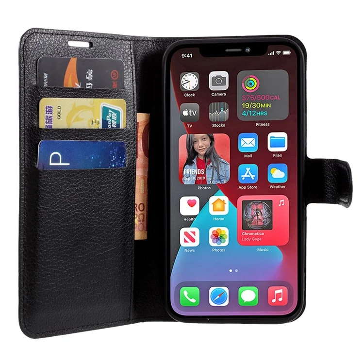 Litchi Surface Shell Leather Case with Stand for iPhone 12 Pro / 12 Mobile Phone Accessories - Black-Cellmalls