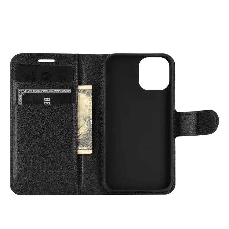 Litchi Texture Wallet Stand Leather Phone Cover for iPhone 12 mini Mobile Phone Accessories - Black-Cellmalls
