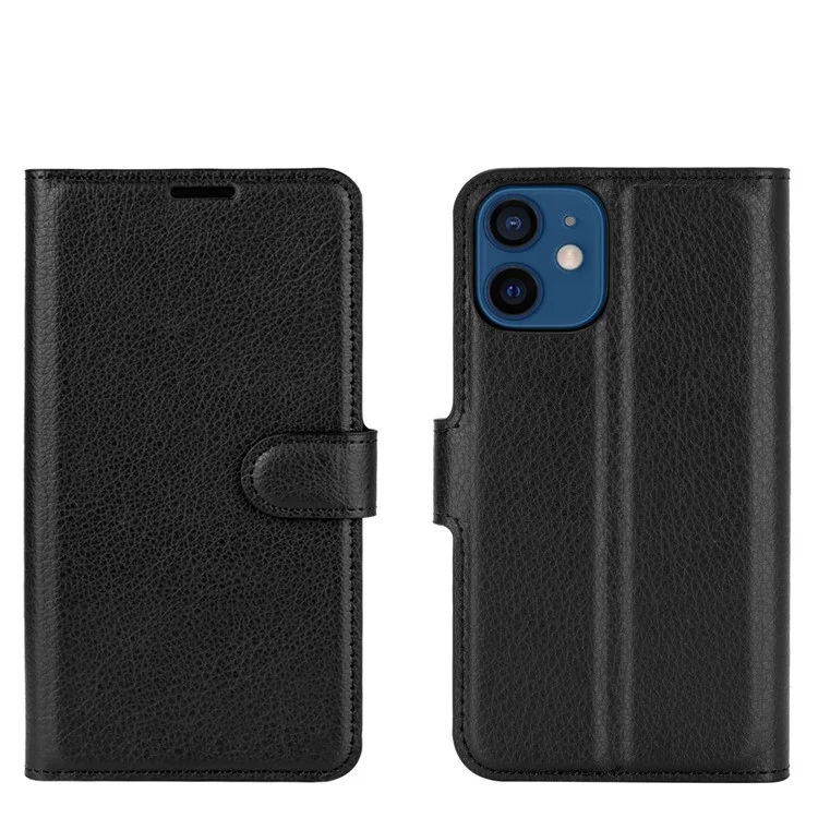 Litchi Texture Wallet Stand Leather Phone Cover for iPhone 12 mini Mobile Phone Accessories - Black-Cellmalls