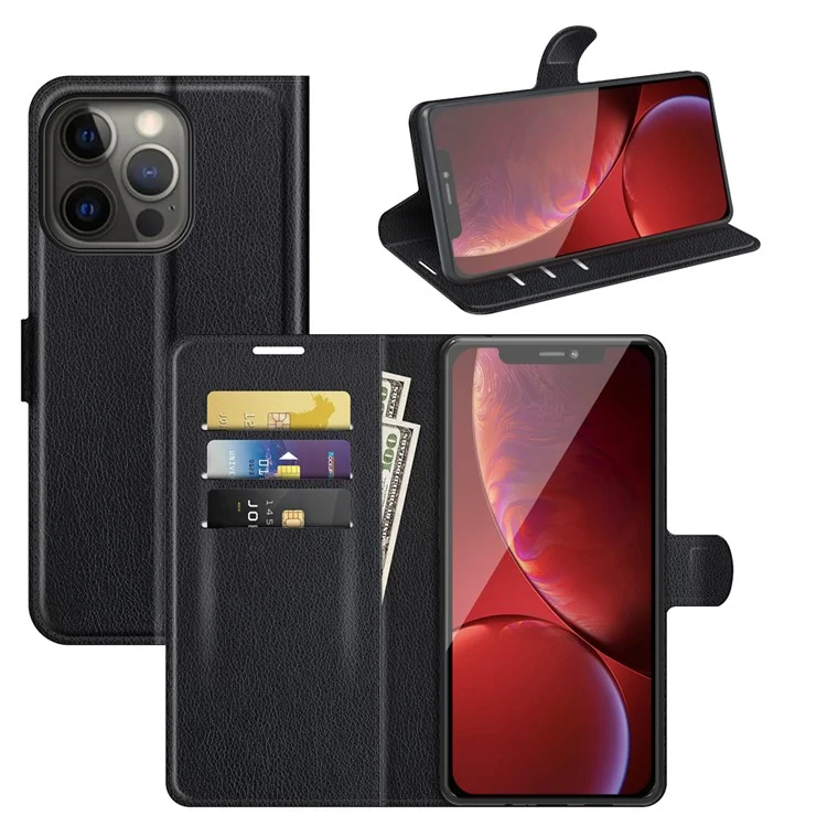 Litchi Skin Leather Wallet Well-protected Mobile Phone Cover Case with Stand for iPhone 13 Pro 6.1 inch - Black-Cellmalls