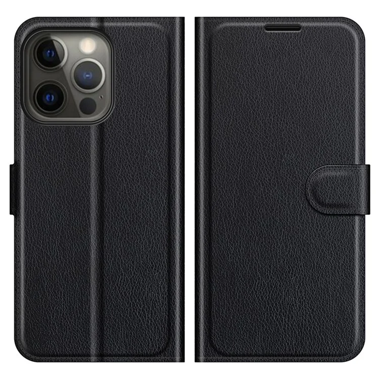 Litchi Texture Wallet Stand Design Folio Flip PU Leather Case Phone Cover for iPhone 13 Pro Max 6.7 inch - Black-Cellmalls