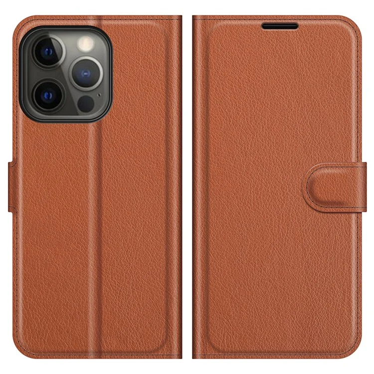 Litchi Texture Wallet Stand Design Folio Flip PU Leather Case Phone Cover for iPhone 13 Pro Max 6.7 inch - Black-Cellmalls