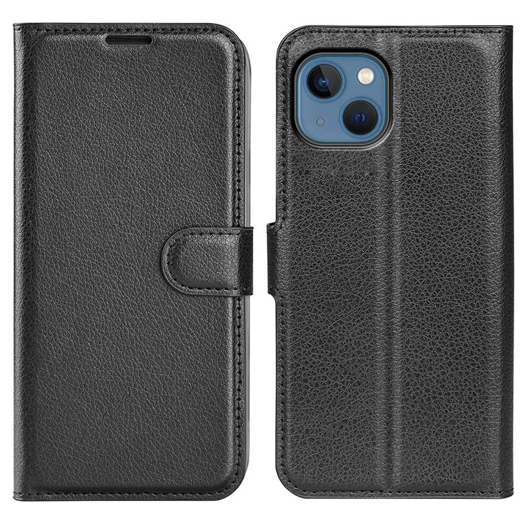 For iPhone 14 6.1 inch PU Leather Wallet Phone Case Litchi Texture Stand All-inclusive Protection Shell - Black-Cellmalls