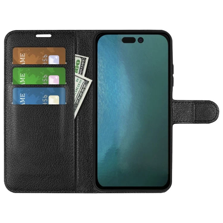 For iPhone 14 6.1 inch PU Leather Wallet Phone Case Litchi Texture Stand All-inclusive Protection Shell - Black-Cellmalls