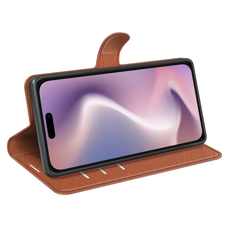 For iPhone 16 Case Wallet Leather Phone Cover Litchi Texture - Brown-Cellmalls