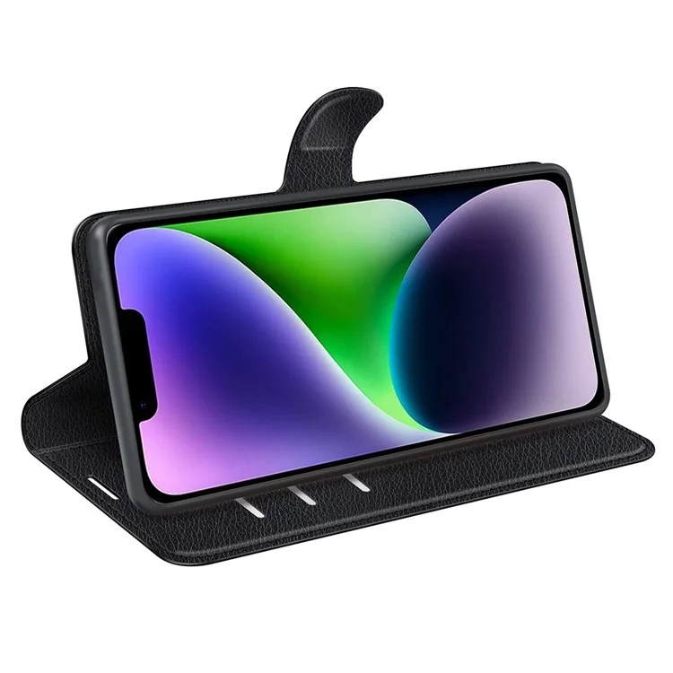 For iPhone 15 PU Leather Litchi Texture Stand Phone Case Wallet Flip Phone Cover - Black-Cellmalls