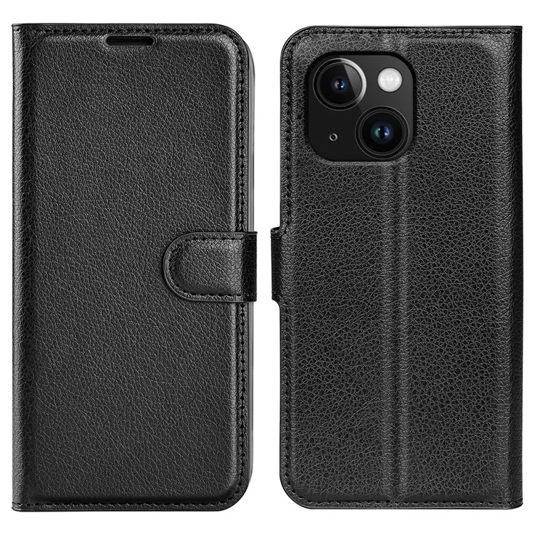 For iPhone 15 PU Leather Litchi Texture Stand Phone Case Wallet Flip Phone Cover - Black-Cellmalls
