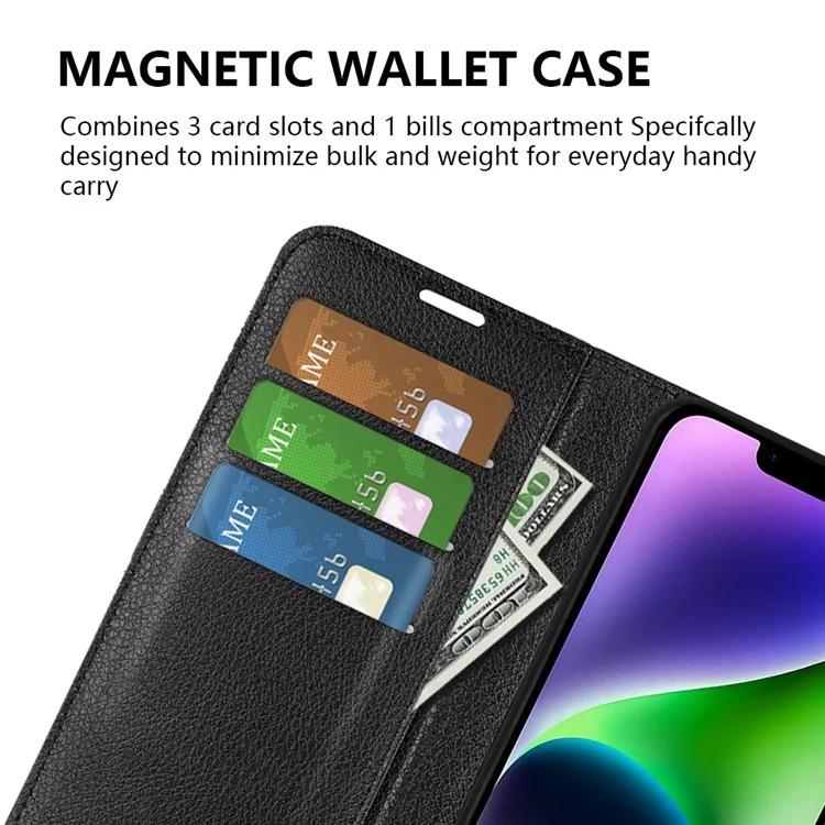 For iPhone 15 PU Leather Litchi Texture Stand Phone Case Wallet Flip Phone Cover - Black-Cellmalls