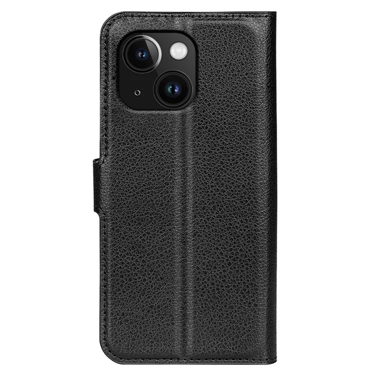 Stand Phone Case for iPhone 15 Plus PU Leather Litchi Texture Wallet Folio Flip Phone Cover - Black-Cellmalls