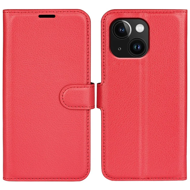 Stand Phone Case for iPhone 15 Plus PU Leather Litchi Texture Wallet Folio Flip Phone Cover - Black-Cellmalls