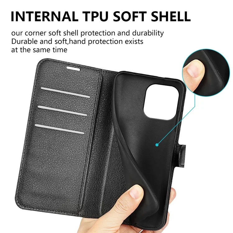 For iPhone 15 Pro Shockproof Wallet Phone Cover PU Leather Litchi Texture Stand Mobile Phone Case - Black-Cellmalls