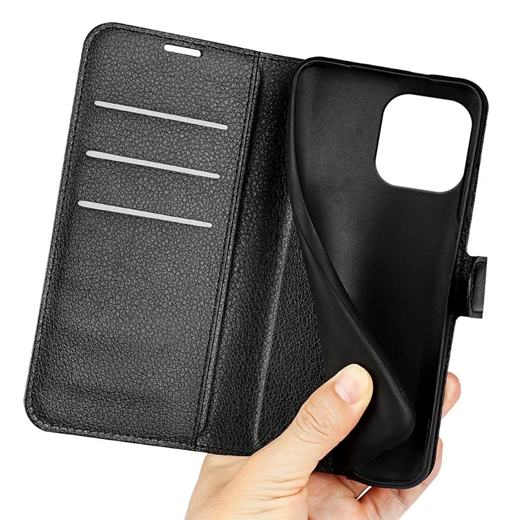 For iPhone 15 Pro Shockproof Wallet Phone Cover PU Leather Litchi Texture Stand Mobile Phone Case - Black-Cellmalls