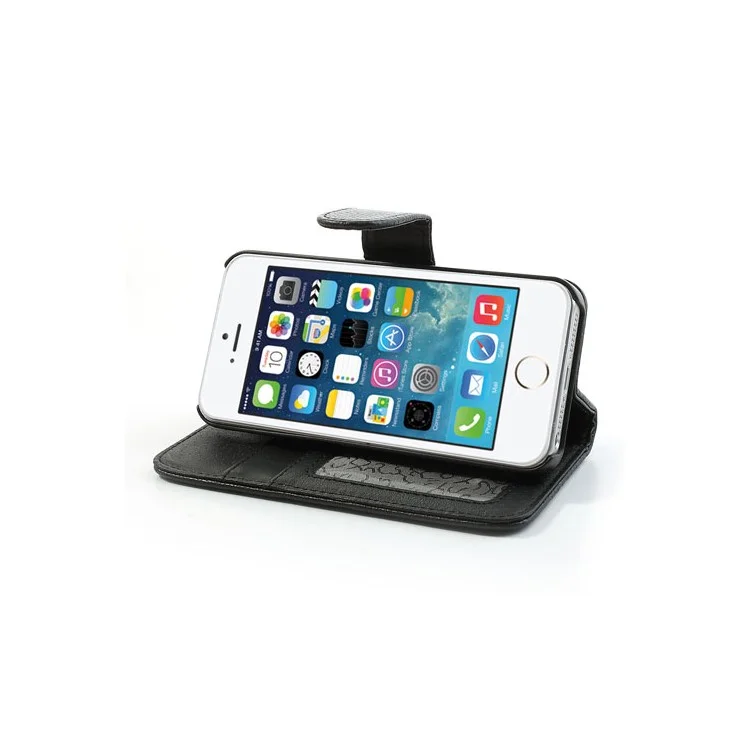 Litchi Skin Leather Card Holder Case w/ Stand for iPhone SE 5s 5 - Black-Cellmalls