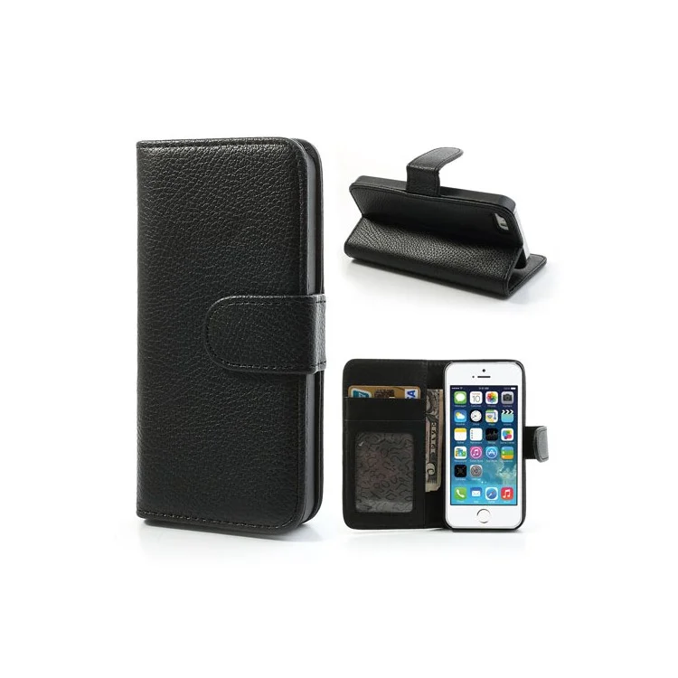 Litchi Skin Leather Card Holder Case w/ Stand for iPhone SE 5s 5 - Black-Cellmalls