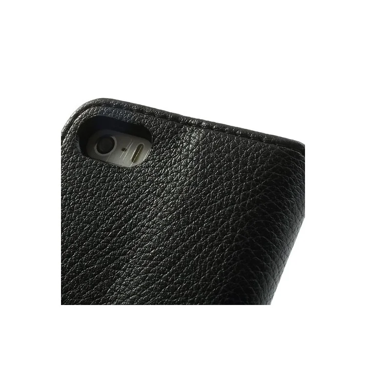 Litchi Skin Leather Card Holder Case w/ Stand for iPhone SE 5s 5 - Black-Cellmalls