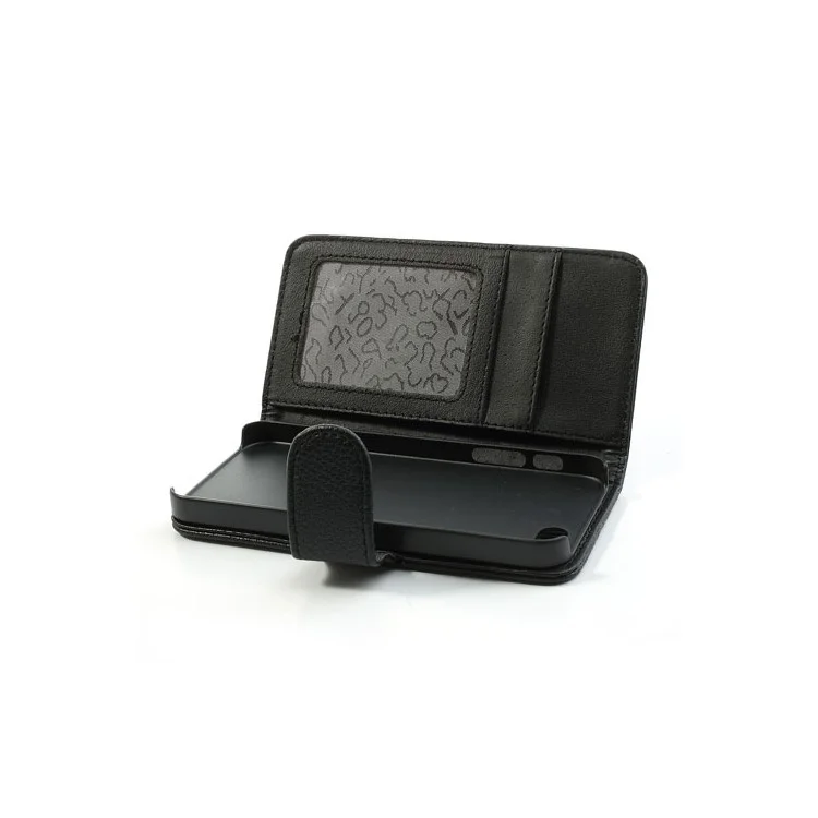 Litchi Skin Leather Card Holder Case w/ Stand for iPhone SE 5s 5 - Black-Cellmalls