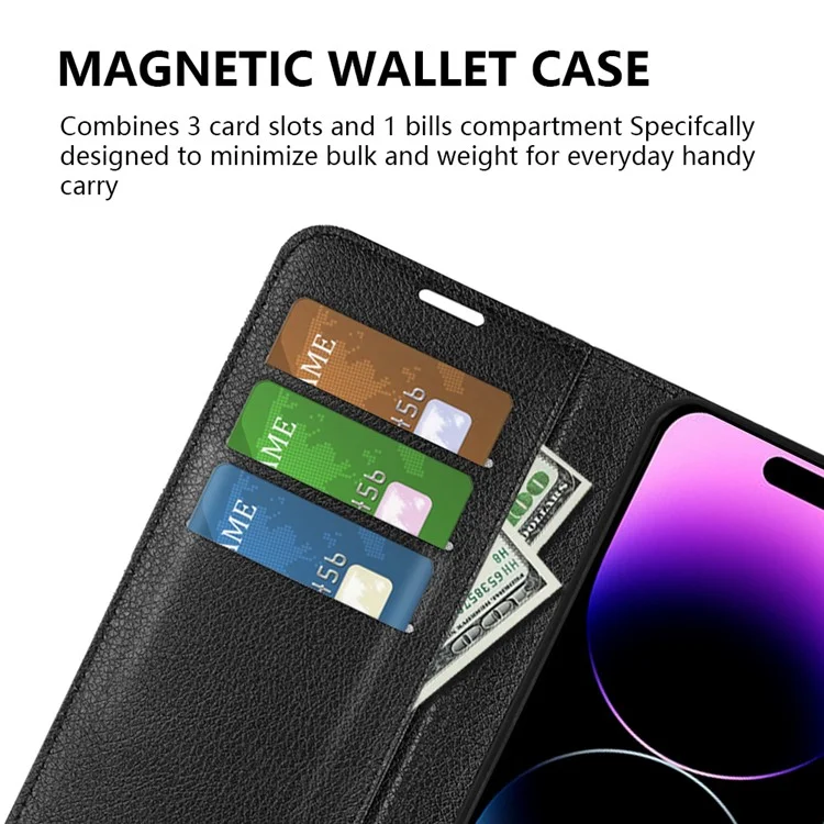 For iPhone 15 Pro Max Anti-Scratch Litchi Texture Phone Cover Wallet Flip PU Leather Phone Case - Black-Cellmalls