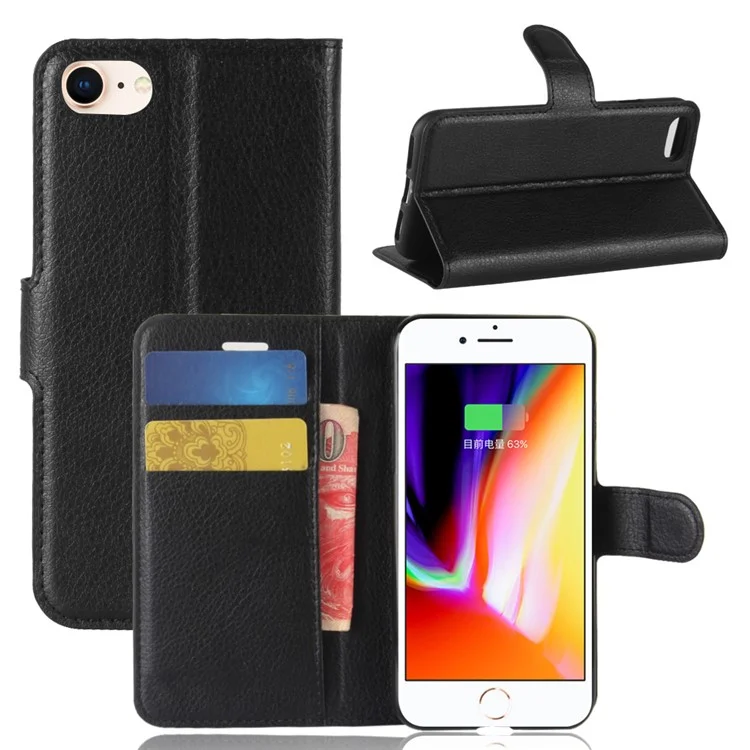 Stand Feature Litchi Skin PU Leather Wallet Magnetic Protective Cover for iPhone 7 / 8 4.7 inch / SE (2020) / SE (2022) - Black-Cellmalls
