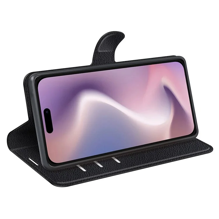 For iPhone 16 Plus Case Litchi Texture Leather Phone Cover Horizontal Viewing Stand - Black-Cellmalls