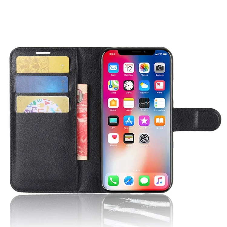 For iPhone Xs / X 5.8 inch Litchi Skin PU Leather Wallet Stand Protective Cell Phone Shell - Black-Cellmalls