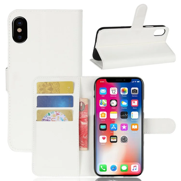 For iPhone Xs / X 5.8 inch Litchi Skin PU Leather Wallet Stand Protective Cell Phone Shell - Black-Cellmalls