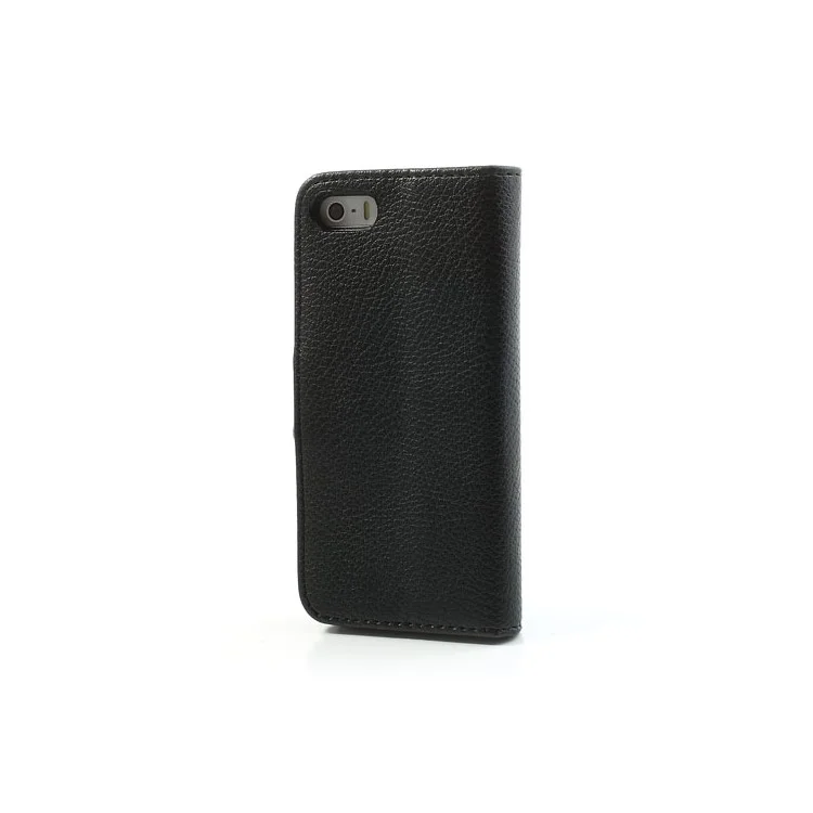 Litchi Skin Leather Card Holder Case w/ Stand for iPhone SE 5s 5 - Black-Cellmalls
