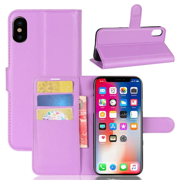 For iPhone Xs / X 5.8 inch Litchi Skin PU Leather Wallet Stand Protective Cell Phone Shell - Black-Cellmalls