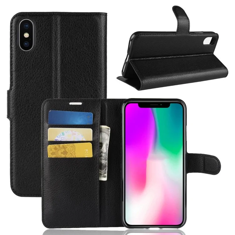 For iPhone XR 6.1 inch Folio Flip Litchi Texture Leather Wallet Stand Cell Phone Cover Shell - Black-Cellmalls