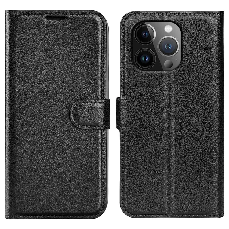 For iPhone 15 Pro Max Anti-Scratch Litchi Texture Phone Cover Wallet Flip PU Leather Phone Case - Black-Cellmalls