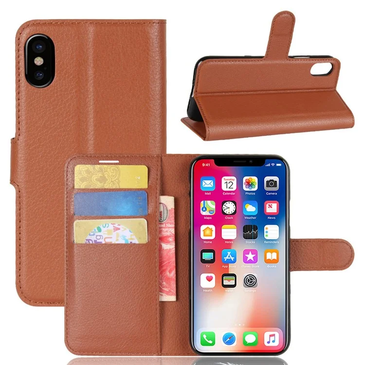 For iPhone Xs / X 5.8 inch Litchi Skin PU Leather Wallet Stand Protective Cell Phone Shell - Black-Cellmalls