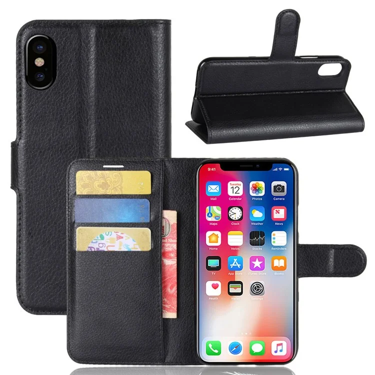 For iPhone Xs / X 5.8 inch Litchi Skin PU Leather Wallet Stand Protective Cell Phone Shell - Black-Cellmalls