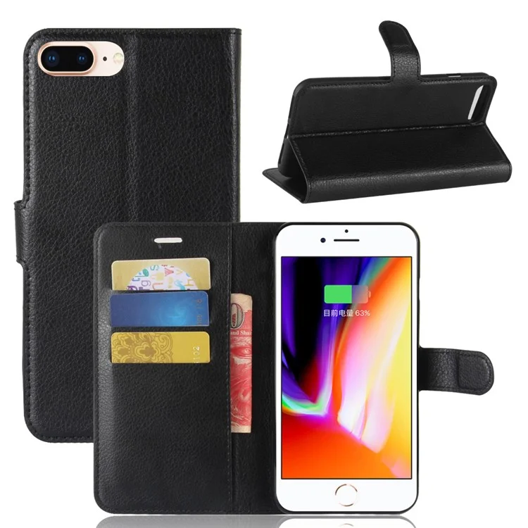 Lychee Skin Leather Wallet Case for iPhone 8 Plus / 7 Plus - Black-Cellmalls