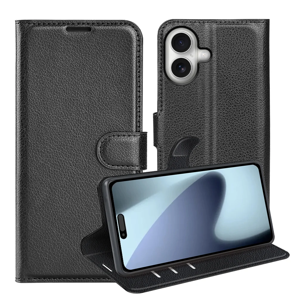 For iPhone 17 Case Litchi Texture Shockproof Leather Wallet Phone Cover - Black-Cellmalls