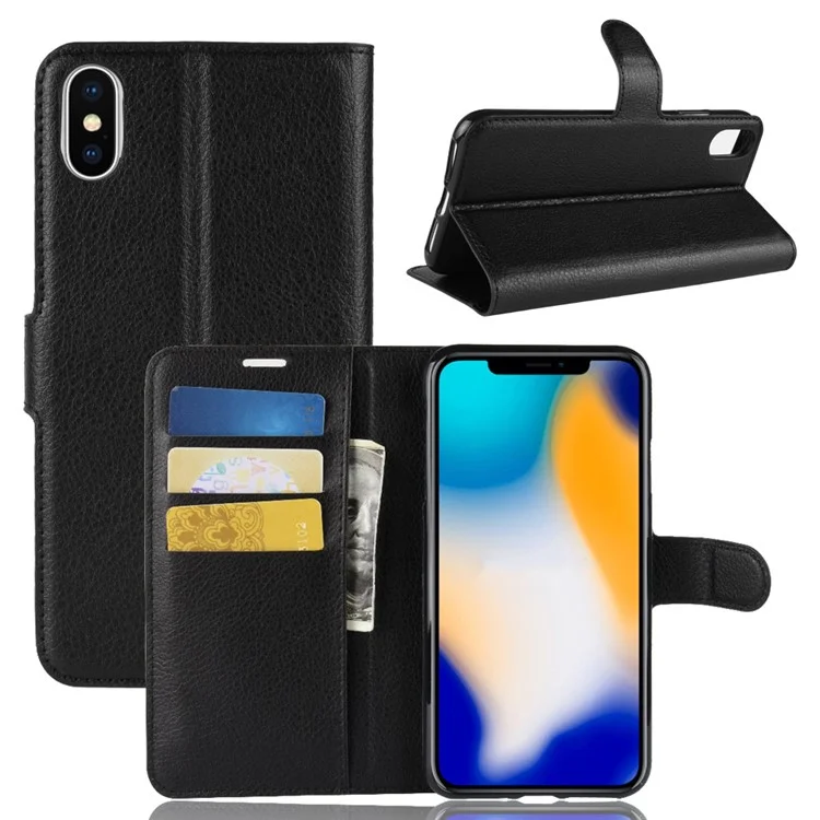 Litchi Texture Wallet Stand Leather Protective Phone Case for iPhone XS Max 6.5 inch - Black-Cellmalls